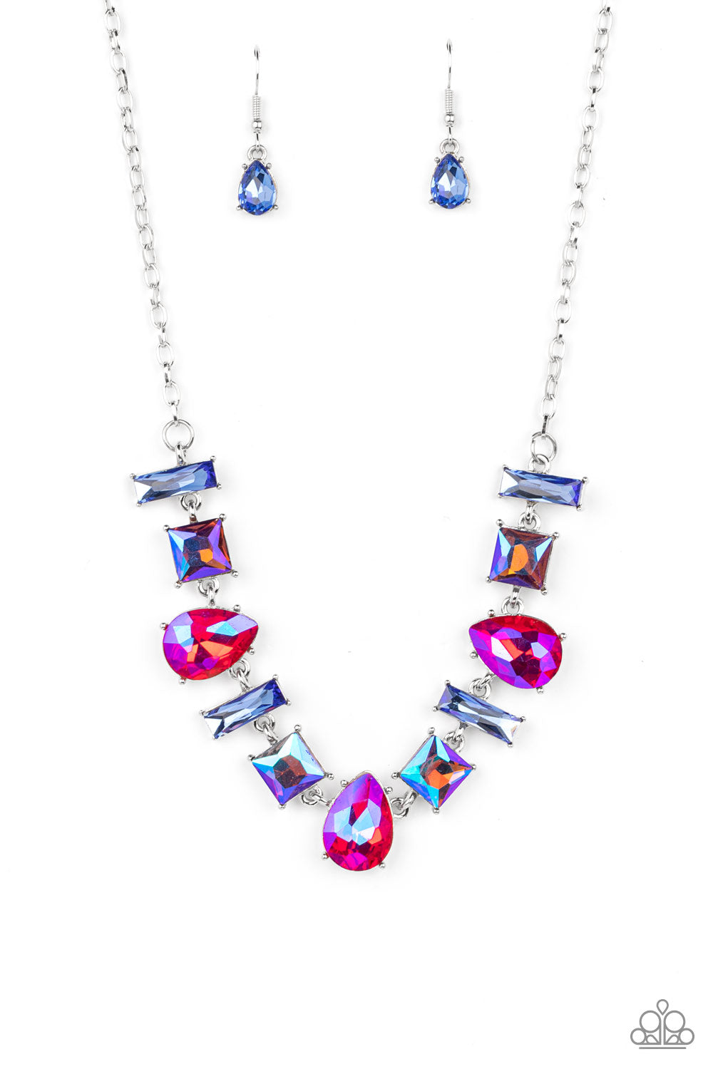 Interstellar Ice - Pink and Blue - Iridescent - Oil Spill Necklace - Paparazzi Jewelry - Bejeweled Accessories By Kristie - Featuring glassy, iridescent, and oil spill finishes, a mismatched collection of emerald cut blue, square multicolored, and teardrop pink gems delicately connects below the collar for a stellar statement. Features an adjustable clasp closure.