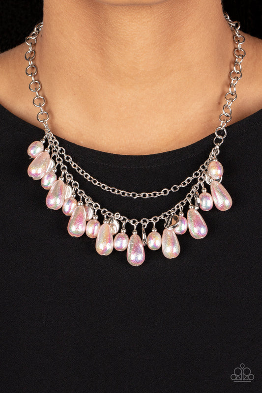 Interstellar Serenity - Pink and Silver Necklace - Paparazzi Accessories - Featuring an iridescent foil-like finish, pearly Gossamer Pink oval and teardrop beads alternate with silver discs below the collar. A dainty silver chain is draped above the stellar beading, resulting in enchanting layers. Features an adjustable clasp closure.