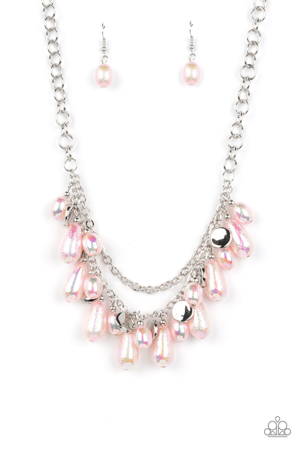 Interstellar Serenity - Pink and Silver Necklace - Paparazzi Accessories - Featuring an iridescent foil-like finish, pearly Gossamer Pink oval and teardrop beads alternate with silver discs below the collar. A dainty silver chain is draped above the stellar beading, resulting in enchanting layers. Features an adjustable clasp closure.