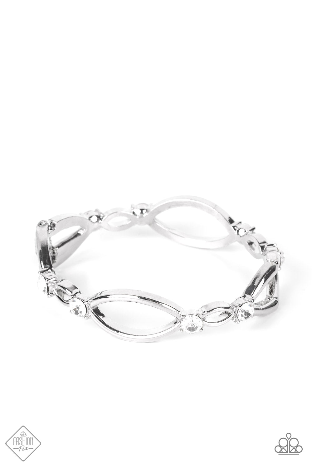 Interwoven Illusion - Silver Gem Hinged Closure Fashion Bracelet - Paparazzi Accessories - Airy marquise-shaped frames are dotted with brilliant white rhinestones as they connect end to end across the wrist. The high sheen silver and sparkling gems offer a modern take on a classic style. Features a hinged closure. Sold as one individual bracelet.