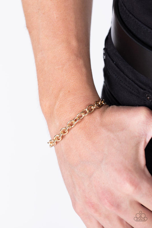 Intrepid Method - Men's Gold Chain Bracelet - Paparazzi Accessories - A classic strand of gold oval links interlock around the wrist for a gritty inspiration. Features an adjustable clasp closure. Sold as one individual bracelet.