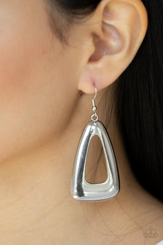 Irresistibly Industrial - Silver Earrings - Paparazzi Jewelry - Bejeweled Accessories By Kristie - A burnished silver triangular frame swings from the ear, creating a rustic centerpiece. Earring attaches to a standard fishhook fitting. Sold as one pair of fashion earrings.