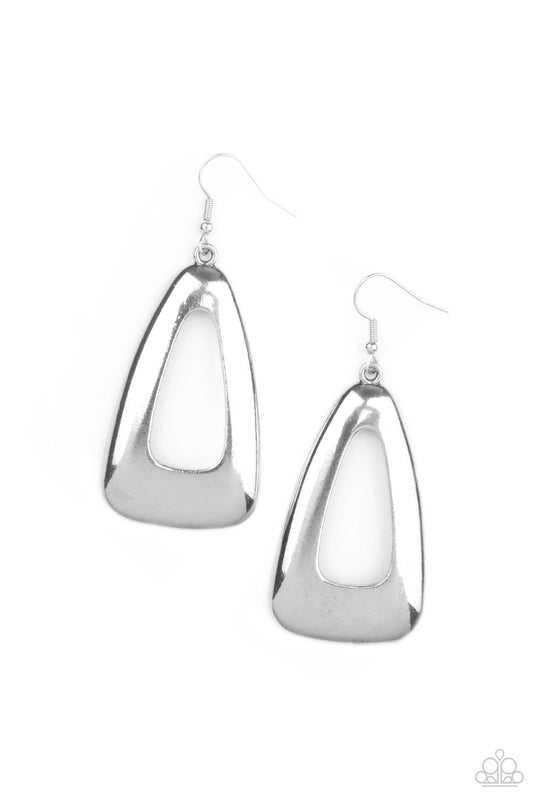 Irresistibly Industrial Silver Fashion Earrings - Paparazzi Accessories - A burnished silver triangular frame swings from the ear, creating a rustic centerpiece. Earring attaches to a standard fishhook fitting. Sold as one pair of earrings.