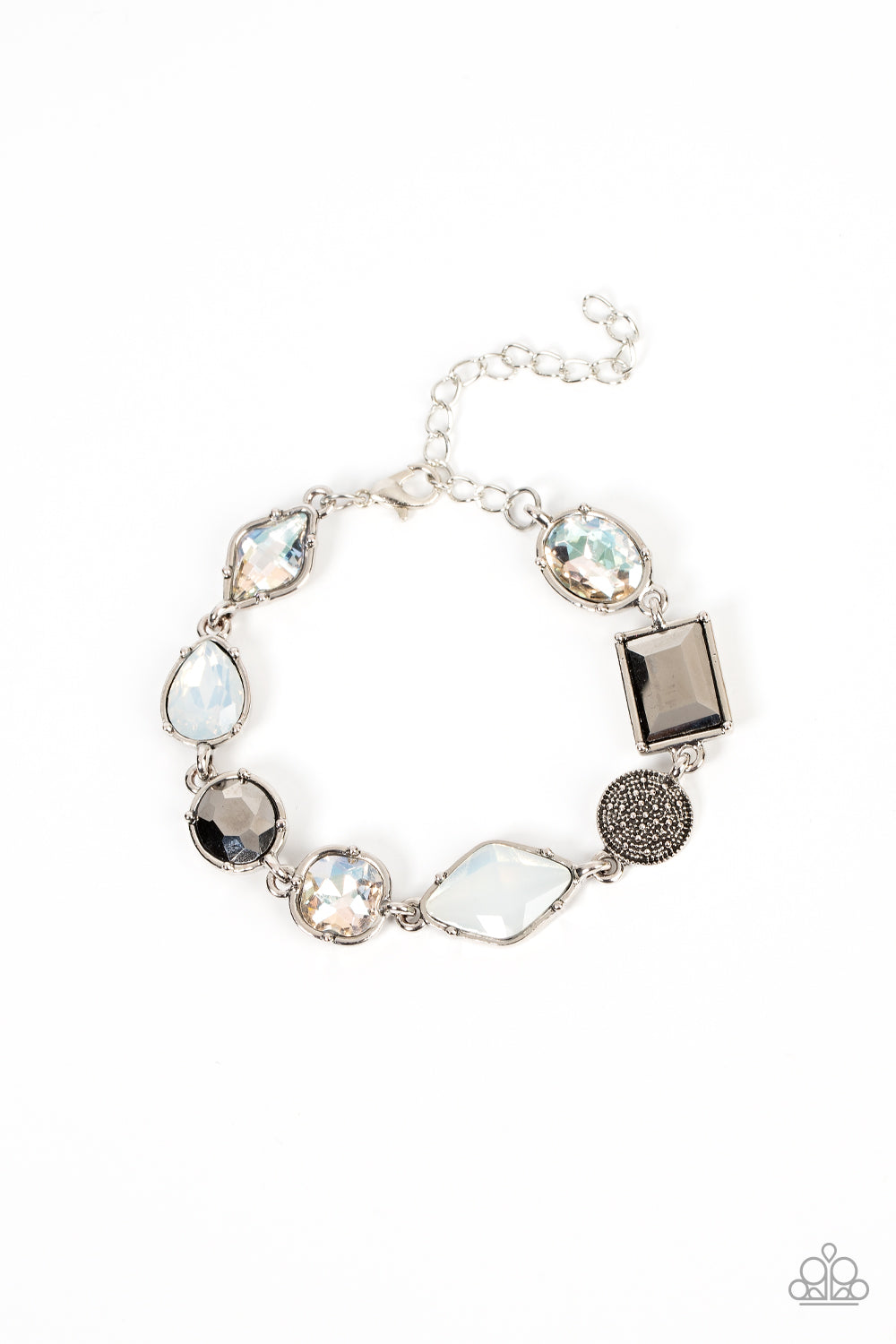 Jewelry Box Bauble - Opal - Hematite - Silver Bracelet - Paparazzi Accessories - Encased in pronged silver fittings, a mismatched collection of white, hematite, and opal rhinestones delicately links with a studded silver frame around the wrist for a sentimental sparkle. Features an adjustable clasp closure.