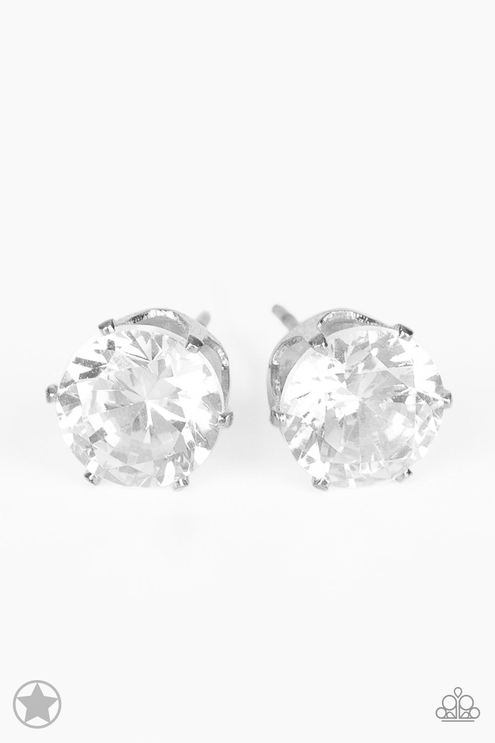 Just In TIMELESS - White and Silver Earrings - Paparazzi Accessories - A sparkling white rhinestone is nestled inside a classic silver frame for a timeless look. Earring attaches to a standard post fitting. Sold as one pair of post earrings.