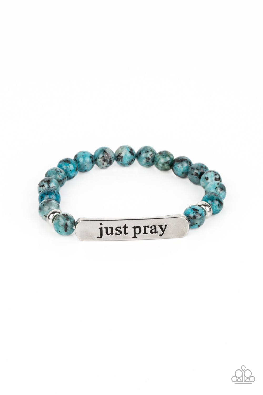 Just Pray - Blue Speckled Stone and Silver Bracelet - Paparazzi Accessories - Smooth, light blue speckled stones are stretched across the wrist on an elastic stretchy band, with accents of silver beads sprinkled in. Meeting in the center of the stony display, a curved rectangular bar is stamped with the phrase "just pray" for an inspiring finish. As the stone elements in this piece are natural, some color variation is normal.