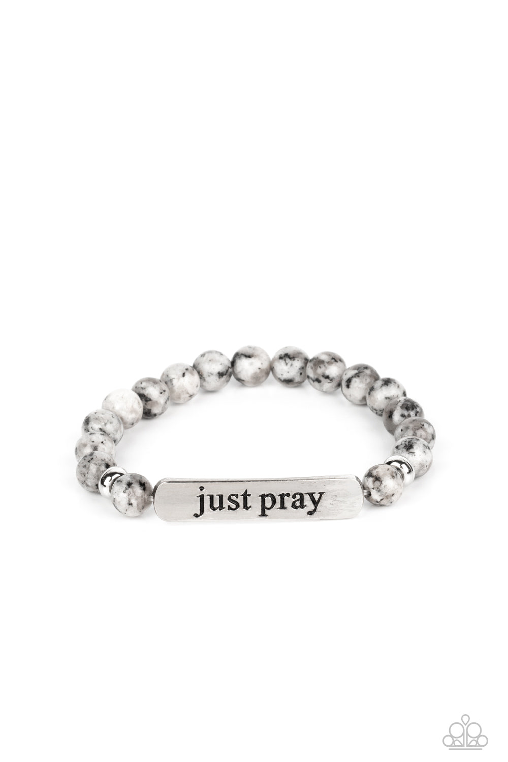 Just Pray - Silver and Gray Stone Bracelet - Paparazzi Accessories - Smooth, gray speckled stones are stretched across the wrist on an elastic stretchy band, with accents of silver beads sprinkled in. Meeting in the center of the stony display, a curved rectangular bar is stamped with the phrase "just pray" for an inspiring finish. Sold as one individual bracelet.