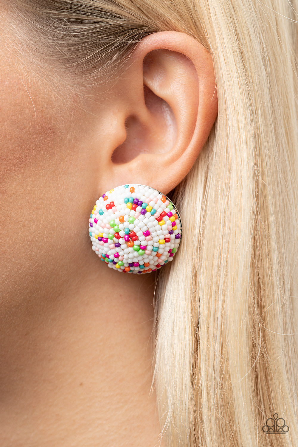 Kaleidoscope Sky - White - Multi Color Earrings - Paparazzi Accessories - dainty multicolored beads spins around the front of an oversized and beveled silver frame, resulting in a boisterous pop of kaleidoscopic color.