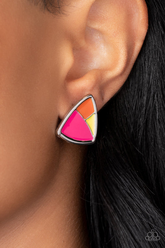 Kaleidoscopic Collision - Multi Color Earrings - Paparazzi Accessories - A collision of Daffodil, Innuendo, and orange painted accents beam inside an asymmetric triangular frame for a contemporary pop of color.