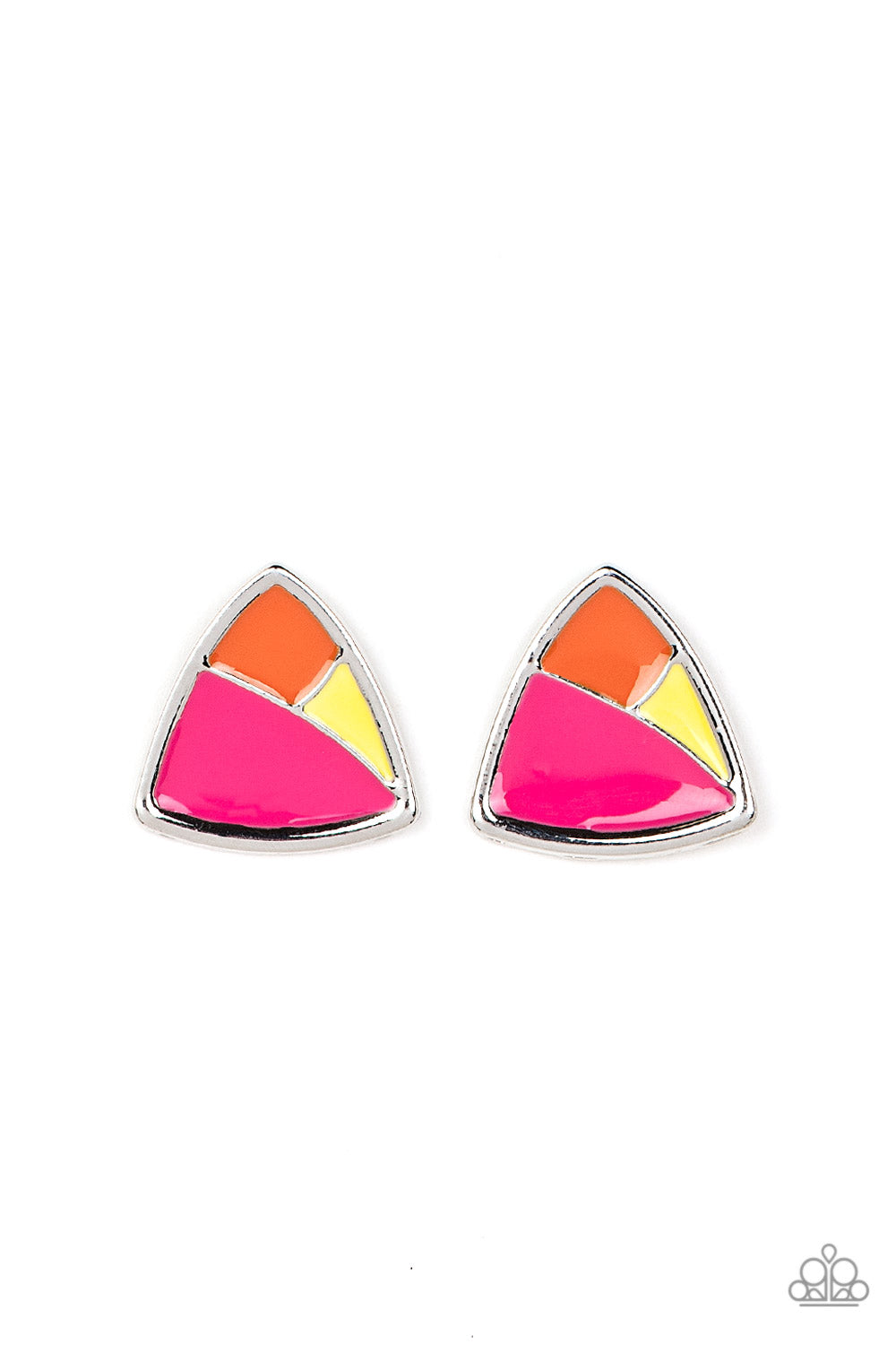 Kaleidoscopic Collision - Multi Color Earrings - Paparazzi Accessories - A collision of Daffodil, Innuendo, and orange painted accents beam inside an asymmetric triangular frame for a contemporary pop of color.