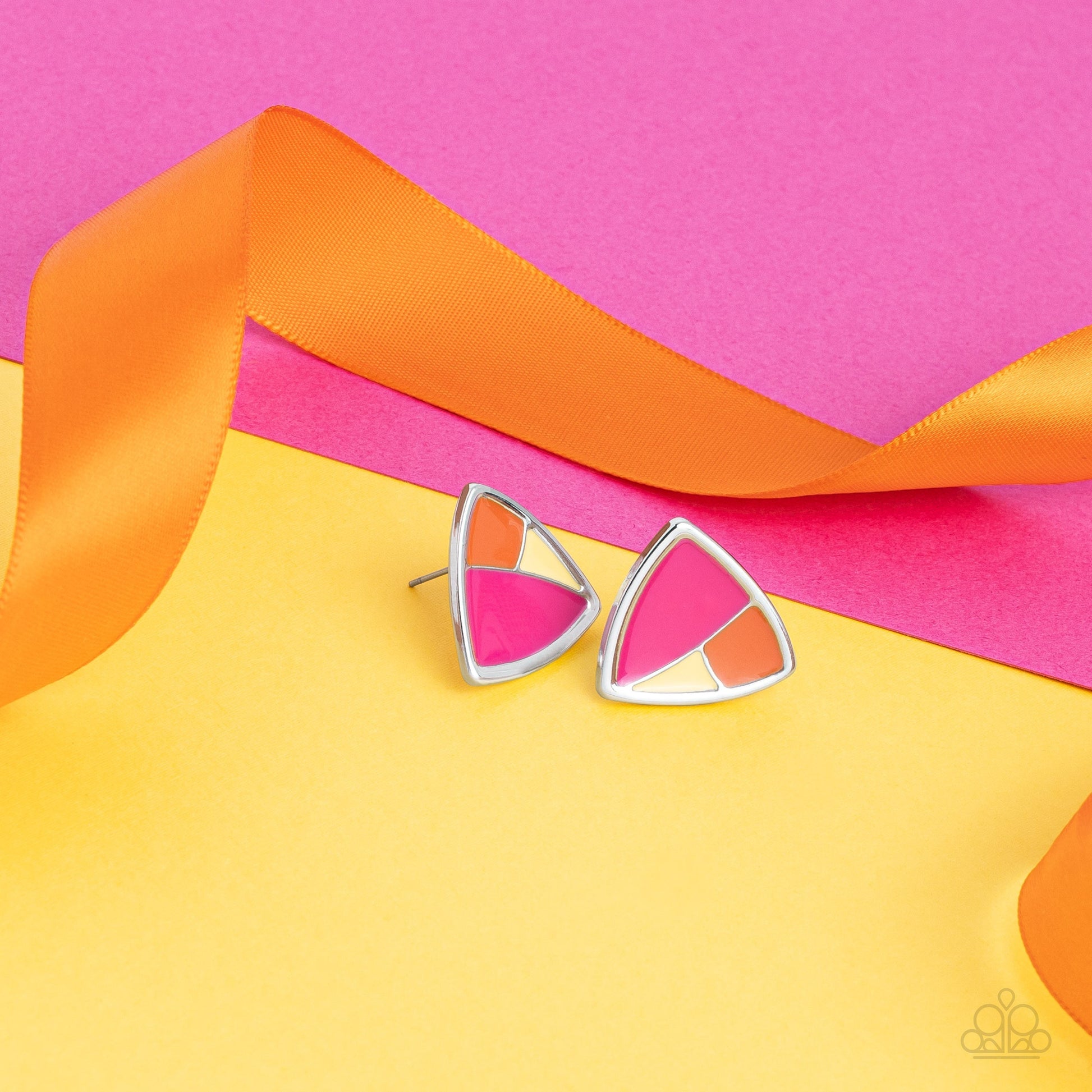 Kaleidoscopic Collision - Multi Color Earrings - Paparazzi Accessories - A collision of Daffodil, Innuendo, and orange painted accents beam inside an asymmetric triangular frame for a contemporary pop of color.