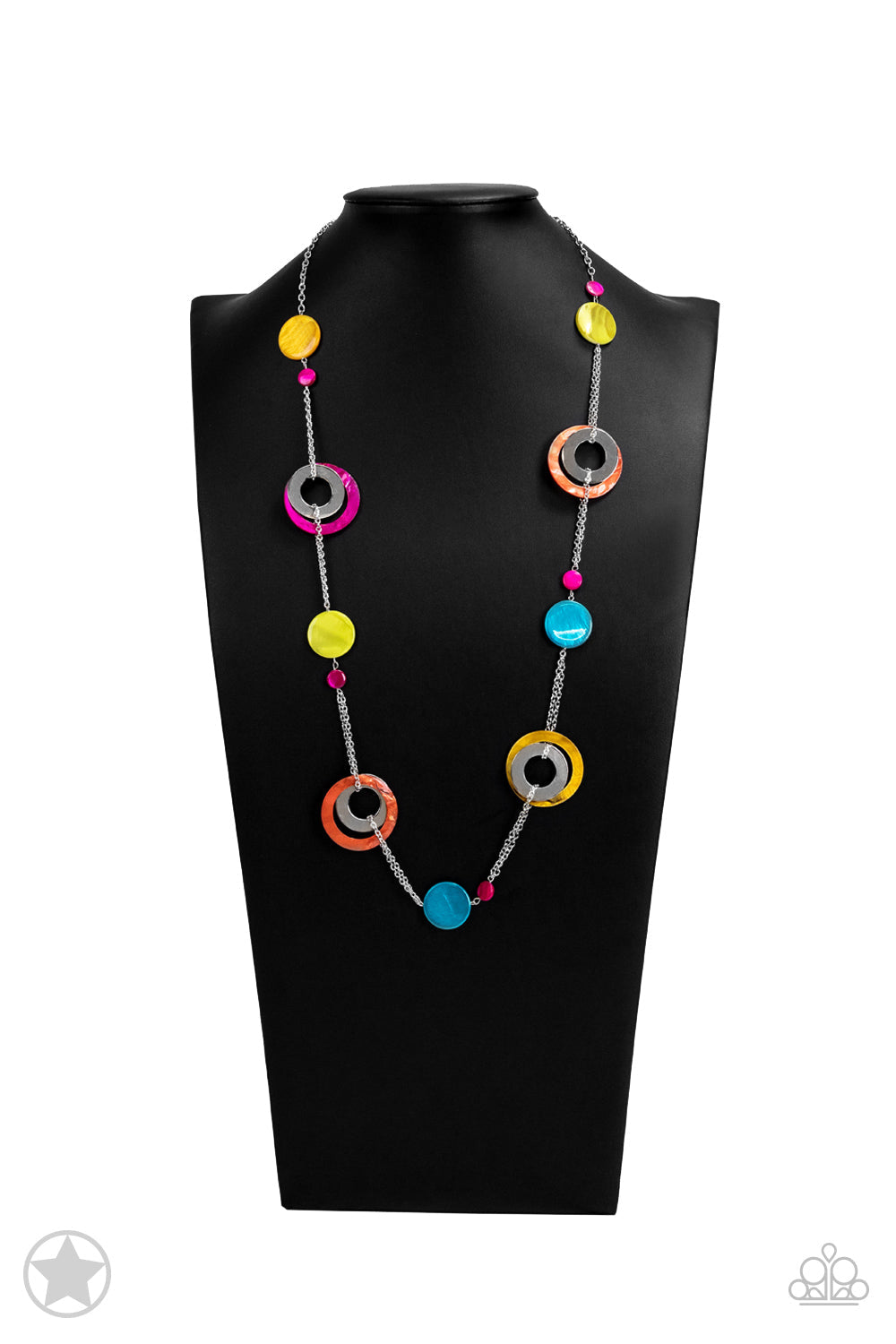Kaleidoscopically Captivating - Colorful and Silver Necklace - Paparazzi Accessories - Trendy fashion jewelry for everyone - Casual and colorful fashion necklace. It has chunky brightly-colored rings and discs with swirly marble finishes join thick metal hoops to climb a simple silver chain and create a retro style.