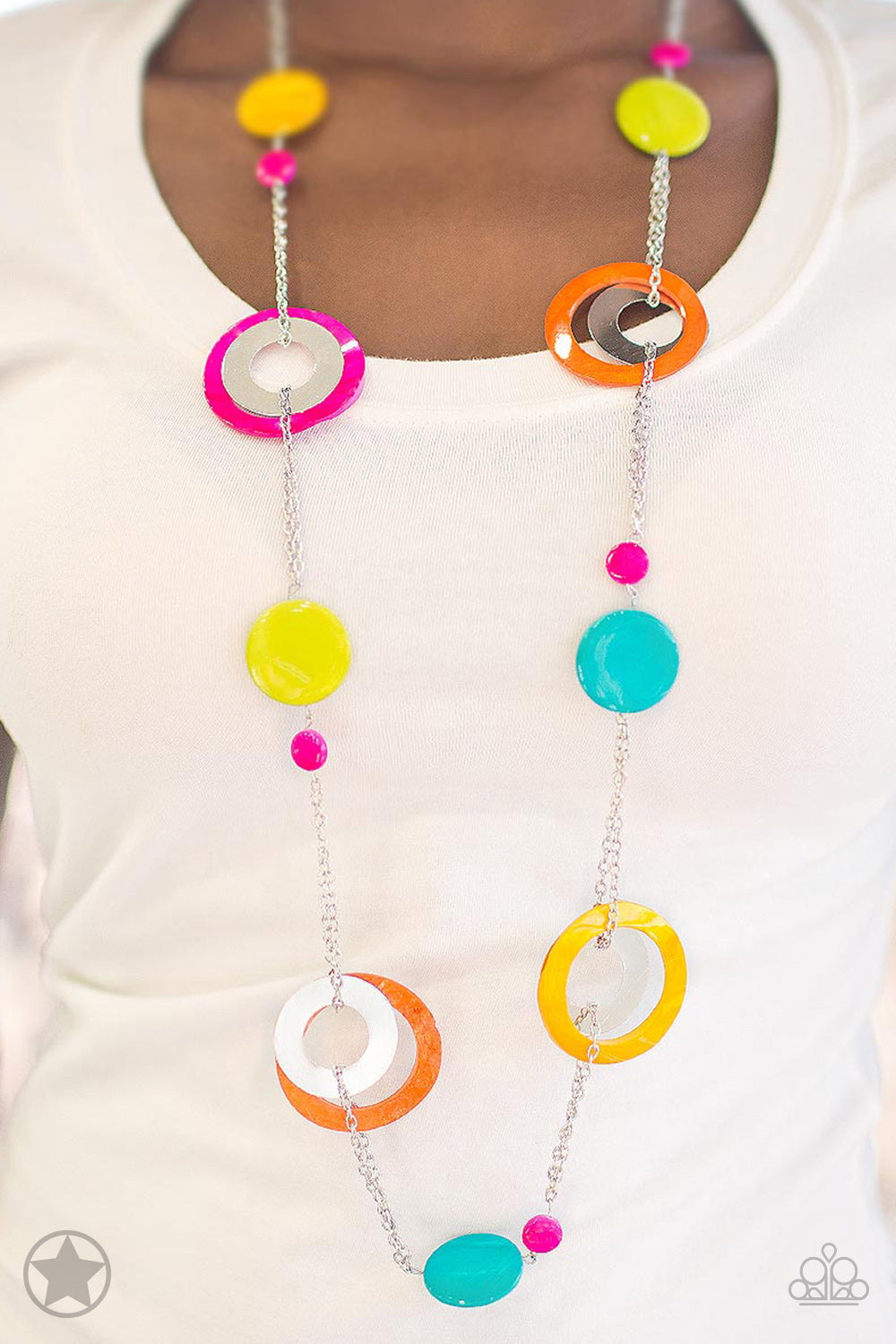 Kaleidoscopically Captivating - Multi Color Necklace - Paparazzi Accessories - Casual and colorful fashion necklace. It has chunky brightly-colored rings and discs with swirly marble finishes join thick metal hoops to climb a simple silver chain and create a retro style.