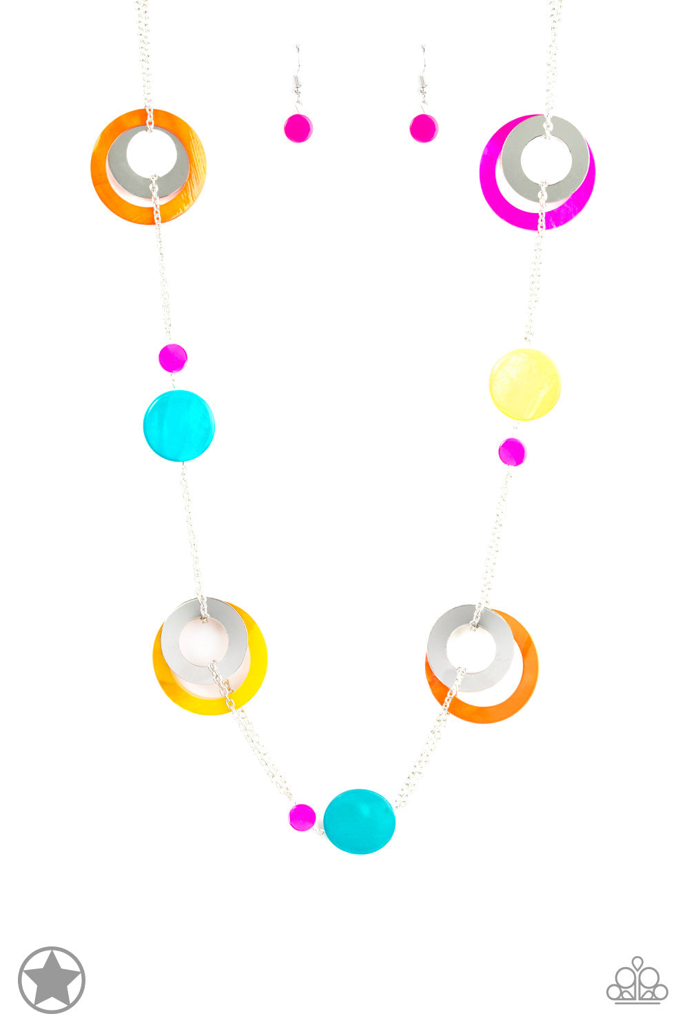 Kaleidoscopically Captivating - Multi Color Fashion Necklace - Paparazzi Accessories - Casual and colorful fashion necklace. It has chunky brightly-colored rings and discs with swirly marble finishes join thick metal hoops to climb a simple silver chain and create a retro style.