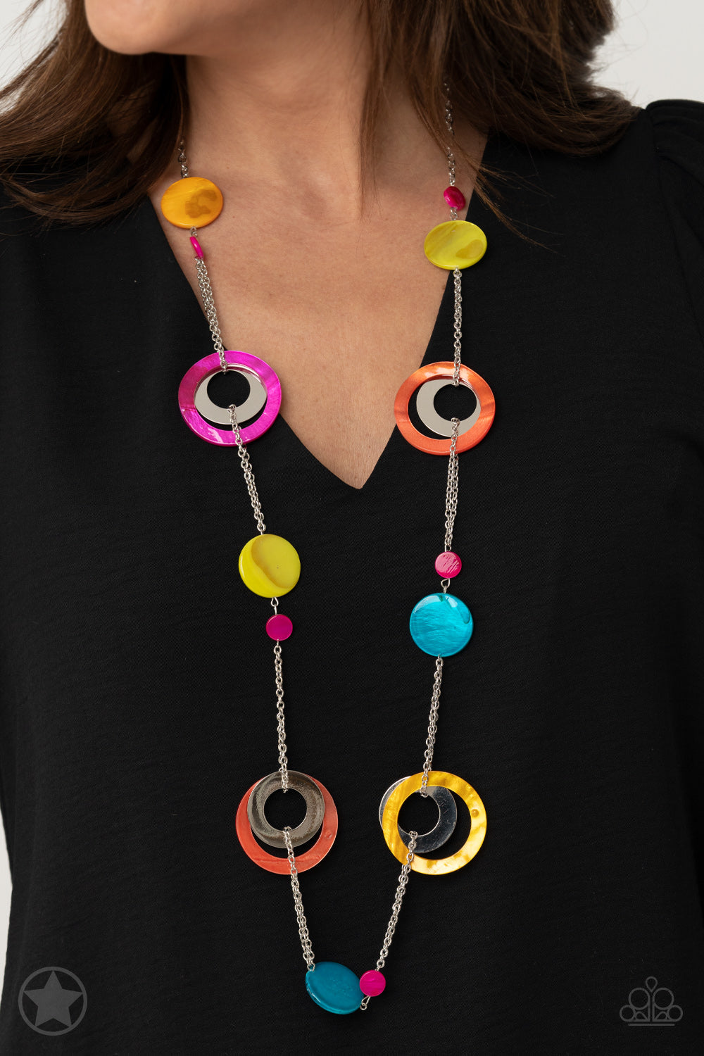 Kaleidoscopically Captivating - Multi Color Necklace - Paparazzi Accessories - Casual and colorful fashion necklace. It has chunky brightly-colored rings and discs with swirly marble finishes join thick metal hoops to climb a simple silver chain and create a retro style.