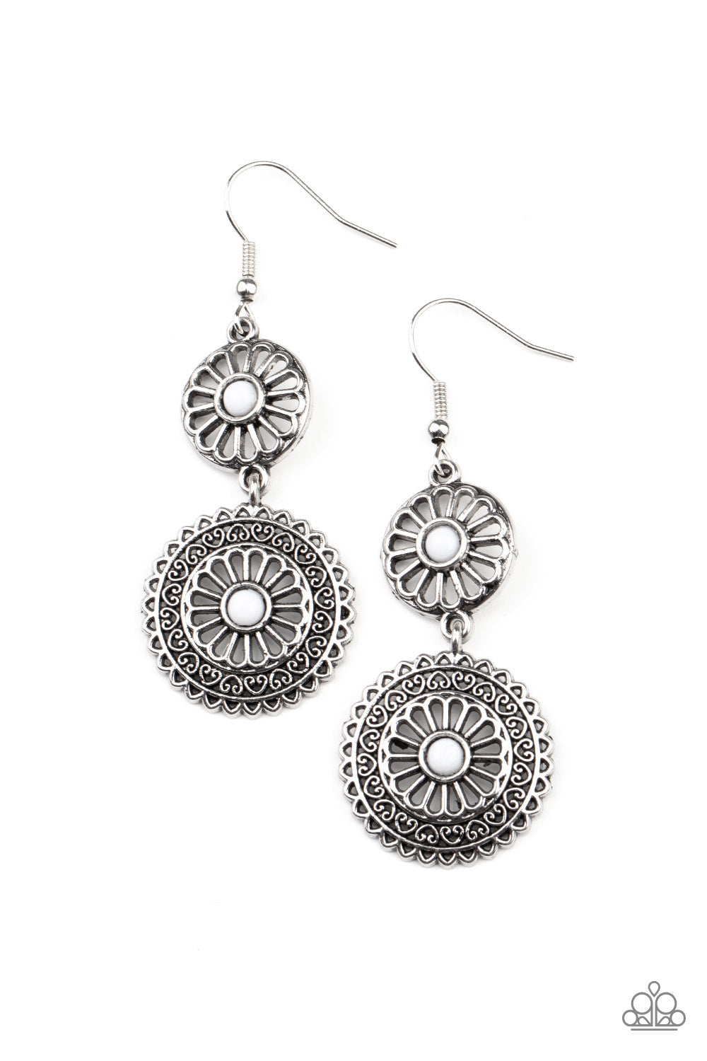 Keep It WHEEL - White and Silver Earrings - Paparazzi Accessories - Dainty white beads adorn the centers of floral patterned silver frames that link into a whimsical lure. Earring attaches to a standard fishhook fitting. Sold as one pair of earrings.