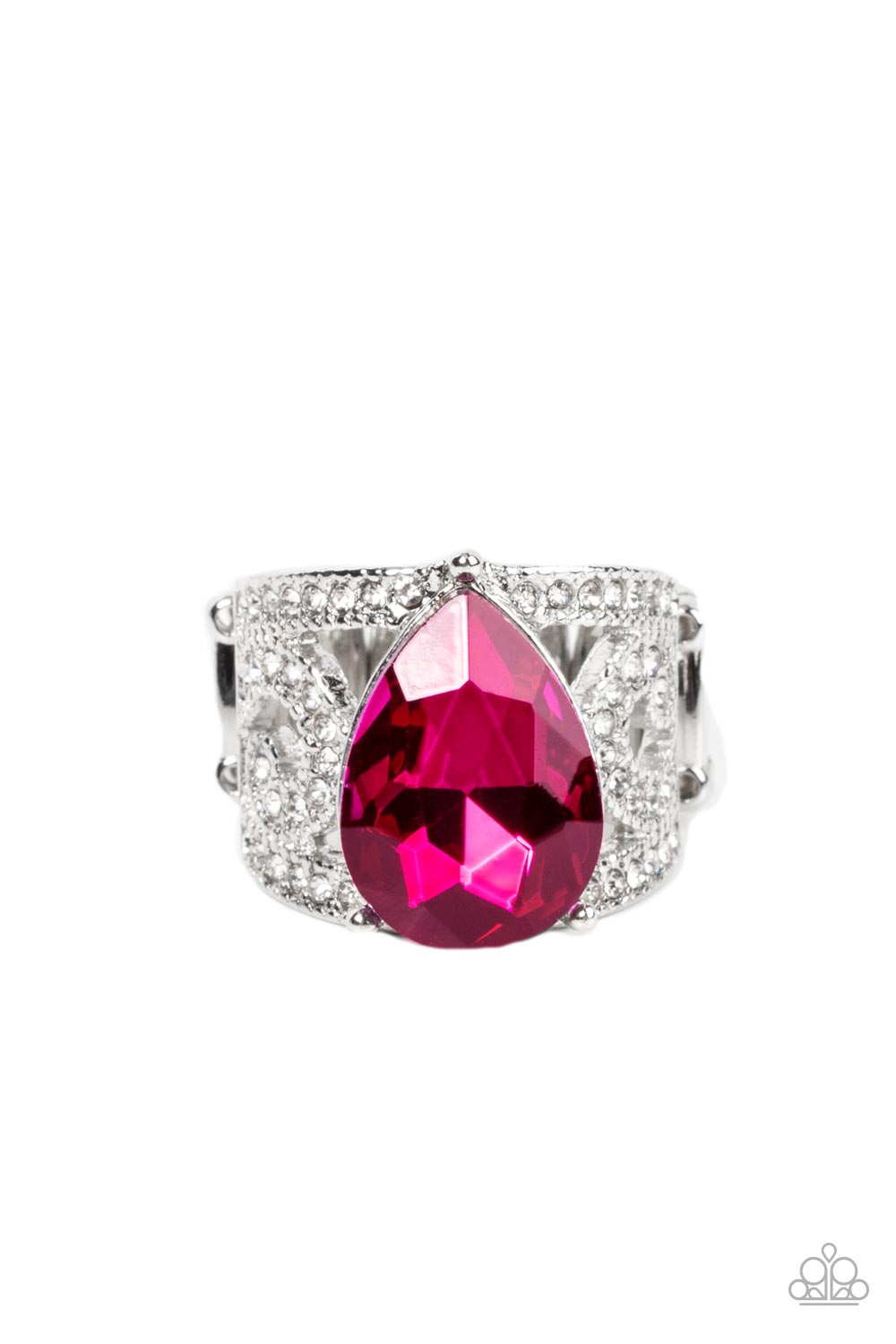 Kinda a Big Deal - Pink Gem and Silver Ring - Paparazzi Accessories - An oversized pink teardrop gem embellishes the center of a regal filigree filled band dotted in glassy white rhinestones, invoking a royal radiance atop the finger. Features a stretchy band for a flexible fit. Sold as one individual ring.