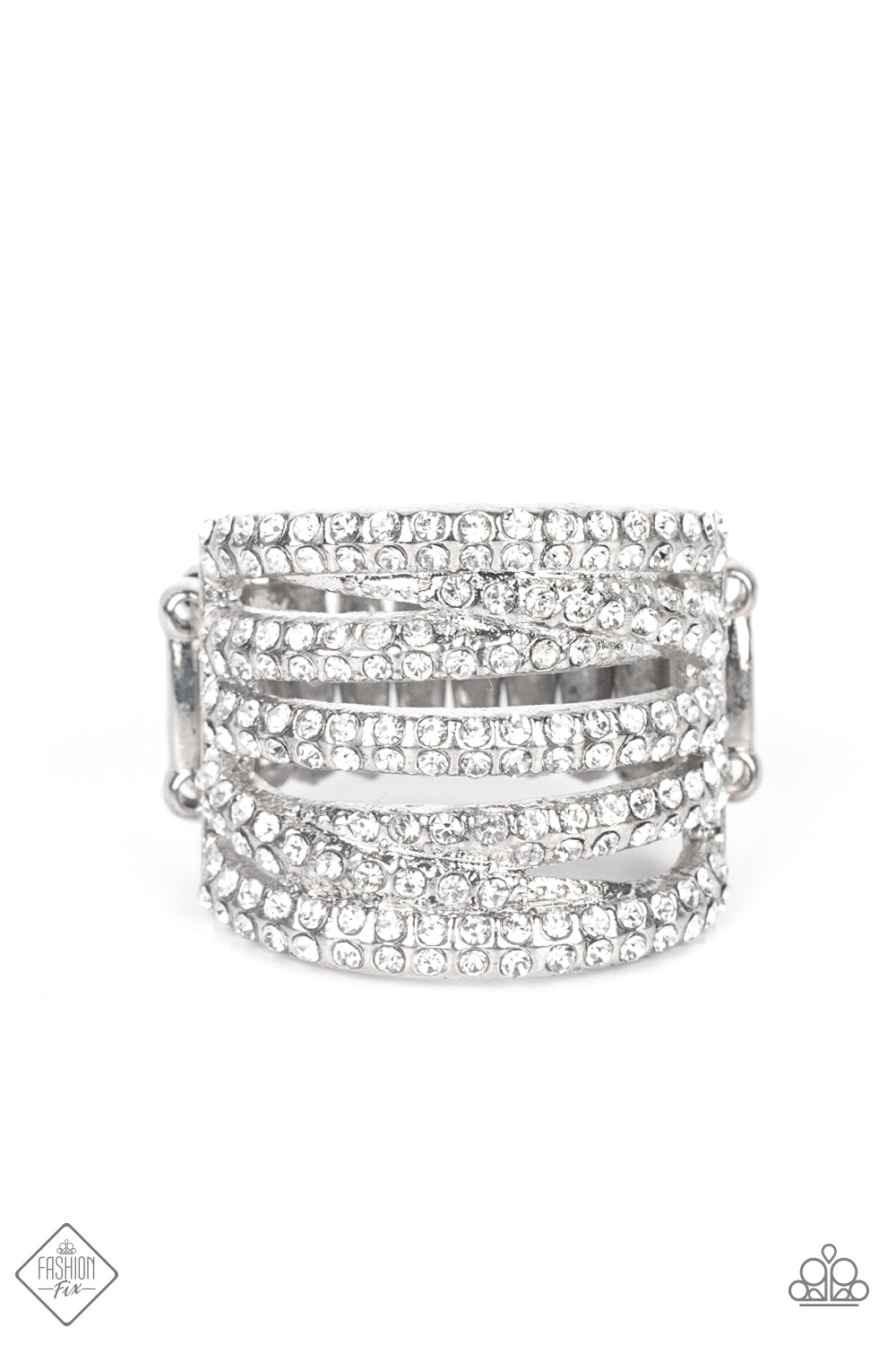 Knock-Out Opulence - White and Silver Fashion Ring - Paparazzi Accessories - Encrusted in dainty pairs of blinding white rhinestones, row after row of glitzy silver bands stack and crisscross across the finger for a knockout look. Features a stretchy band for a flexible fit. Trendy fashion jewelry for everyone.