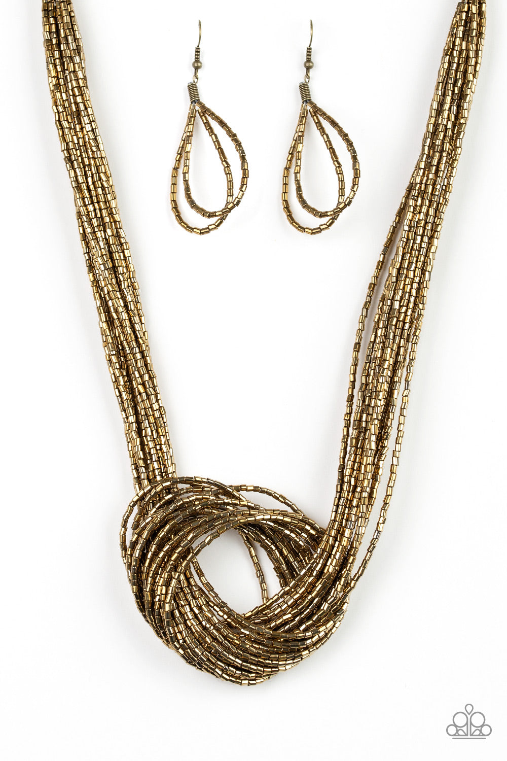 Knotted Knockout - Brass Seed Bead Necklace - Paparazzi Accessories - Countless strands of brass seed beads delicately knot together below the collar to create an unforgettable statement piece. Features an adjustable clasp closure. Sold as one individual necklace. Includes one pair of matching earrings.