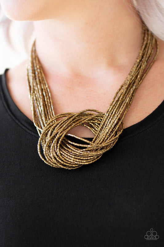 Knotted Knockout - Brass Seed Bead Necklace - Paparazzi Accessories - Countless strands of brass seed beads delicately knot together below the collar to create an unforgettable statement piece. Features an adjustable clasp closure. Sold as one individual necklace.
