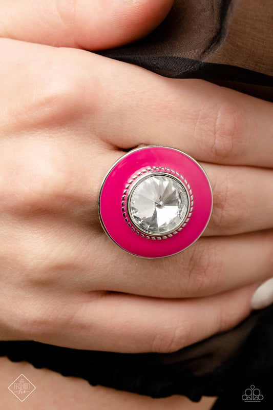 Ladylike Levity - Pink and Silver Ring - Paparazzi Accessories - Featuring a vibrant Pink Peacock backdrop with silver-studded details, a dramatically oversized white reflective gem stands out atop the finger for a colorful, statement-making finish. Features a stretchy band for a flexible fit. Sold as one individual ring.