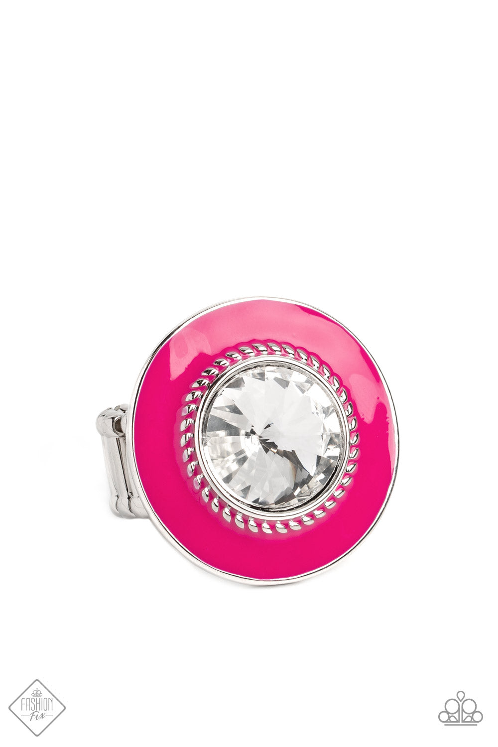 Ladylike Levity - Pink and Silver Ring - Paparazzi Accessories - Featuring a vibrant Pink Peacock backdrop with silver-studded details, a dramatically oversized white reflective gem stands out atop the finger for a colorful, statement-making finish. Features a stretchy band for a flexible fit. Sold as one individual ring.