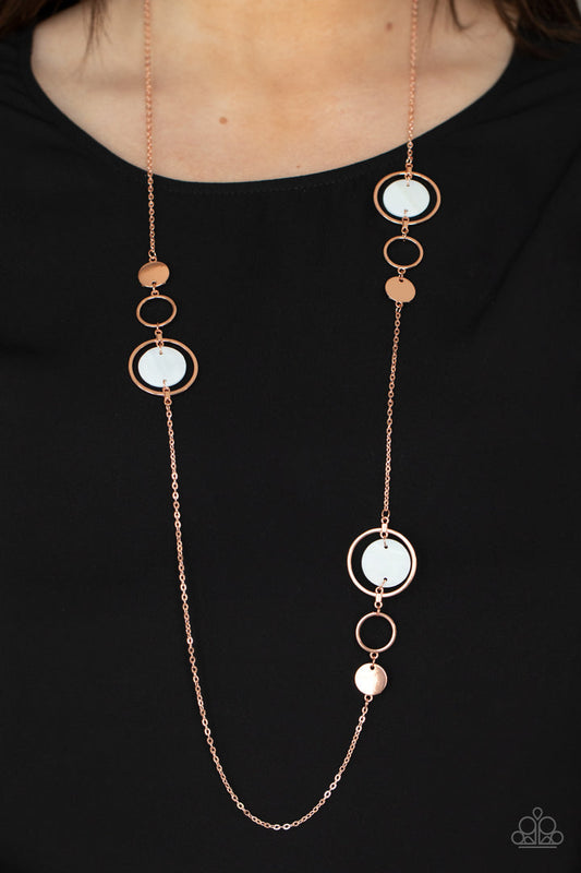 Laguna Lounge - Copper Necklace - Paparazzi Accessories - A shimmery collection of dainty shiny copper discs, shiny copper rings, and white shell-like frames delicately link across the chest, creating a summery display. Features an adjustable clasp closure. Sold as one individual necklace.