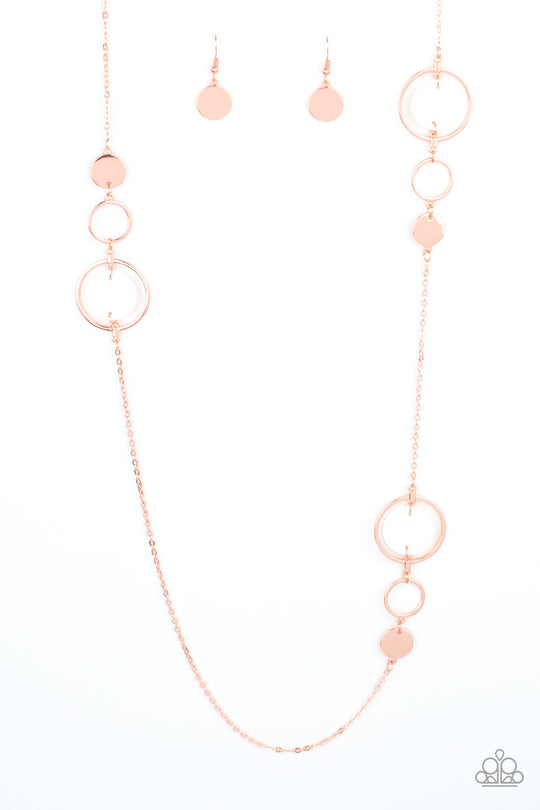 Laguna Lounge - Copper Necklace - Paparazzi Accessories - A shimmery collection of dainty shiny copper discs, shiny copper rings, and white shell-like frames delicately link across the chest, creating a summery display. Features an adjustable clasp closure. Sold as one individual necklace.