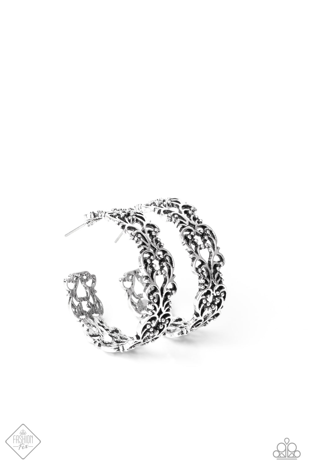Laurel Wreaths - Silver Hoop Earrings - Paparazzi Accessories - Brushed in an antiqued shimmer, studded vine-like filigree climbs into a whimsical silver hoop for a seasonal flair. Earring attaches to a standard post fitting. Hoop measures approximately 1 1/2" in diameter. Sold as one pair of hoop earrings.
