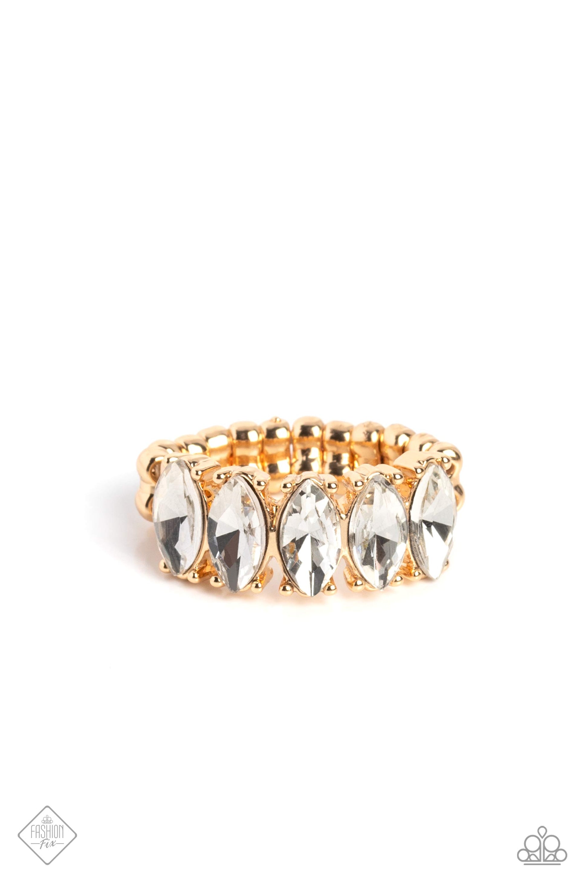 Lavish Lure - Gold Fashion Ring - Paparazzi Accessories - Exaggerated white marquise-cut gems are set atop pronged gold fittings, that arc across the finger in a linear pattern for a scintillating shimmer. Features a stretchy band for a flexible fit. Sold as one individual ring.