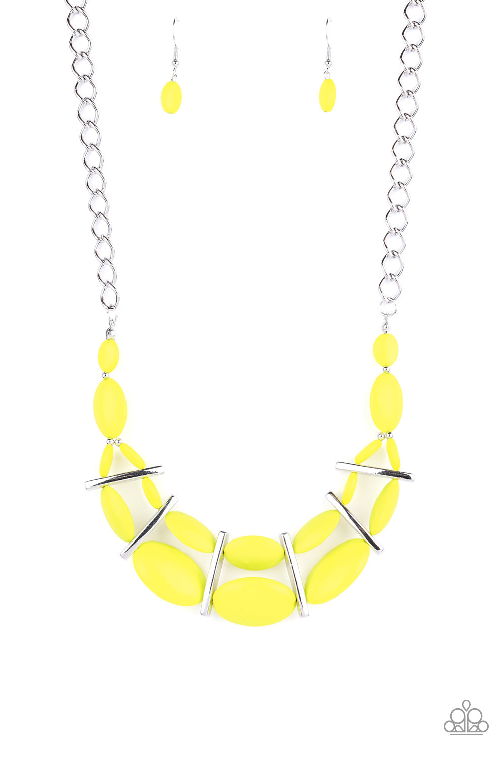 Law of the Jungle - Yellow and Silver Necklace - Paparazzi Accessories - Sectioned off by edgy silver fittings, a flamboyant collection of rebellious Green Sheen beads link into two colorful layers below the collar for a bold pop of color. Features an adjustable clasp closure. Sold as one individual necklace.