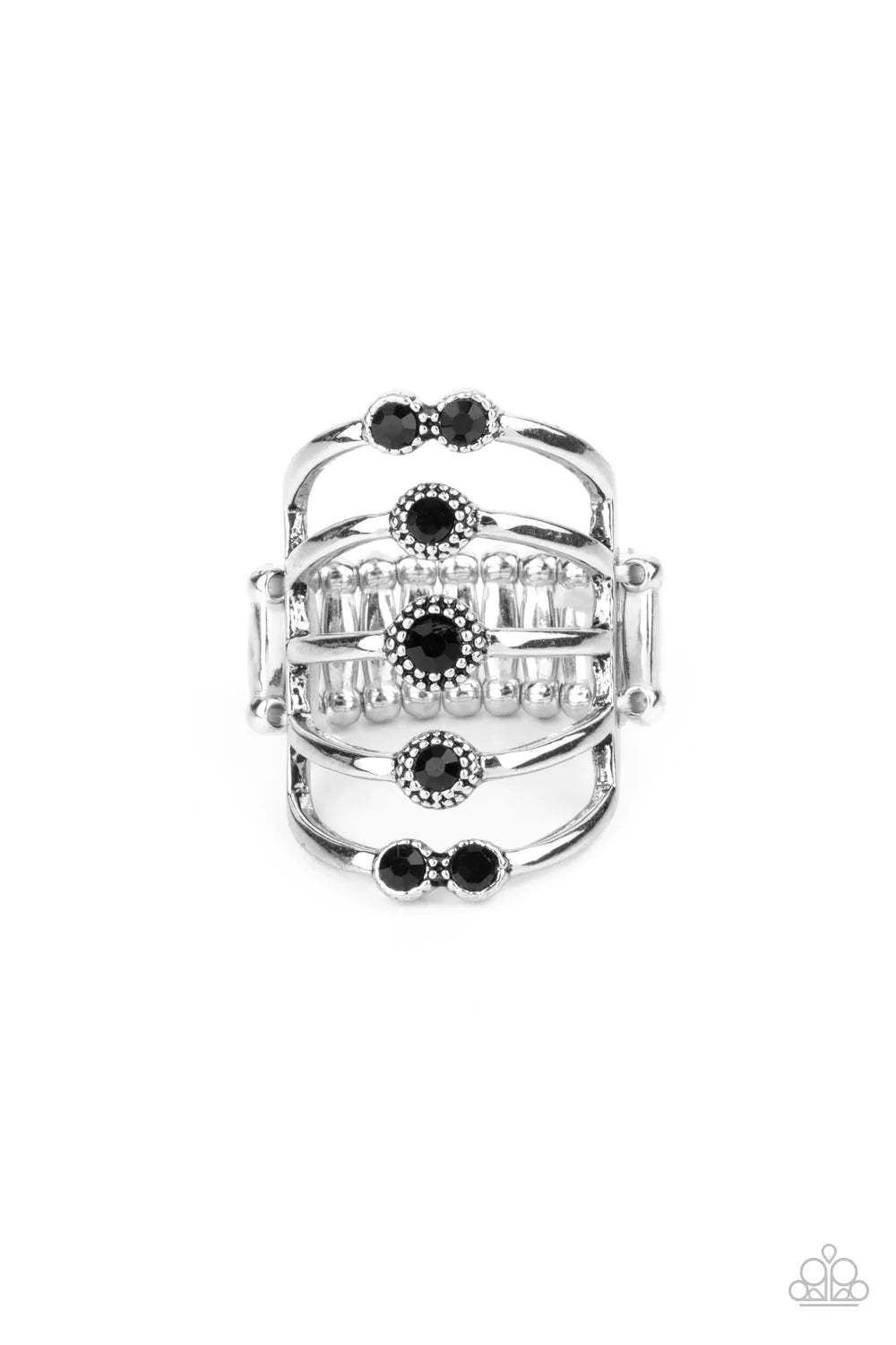 Layer On The Luster - Black and Silver Ring - Paparazzi Accessories - Layers of silver bands, featuring jet black crystals set in round silver-studded frames, stack up the finger creating a cascade of sophisticated luster. Features a stretchy band for a flexible fit. Sold as one individual ring.