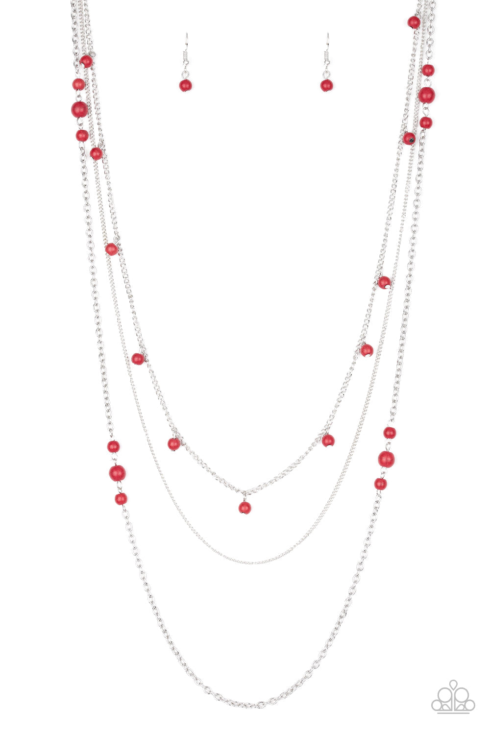 Laying The Groundwork - Red and Silver Necklace - Paparazzi Accessories - Infused with a plain silver chain, mismatched fiery red stone beads sporadically trickle along shimmery silver chains, creating vivacious layers down the chest. Features an adjustable clasp closure.
Sold as one individual necklace. Includes one pair of matching earrings.