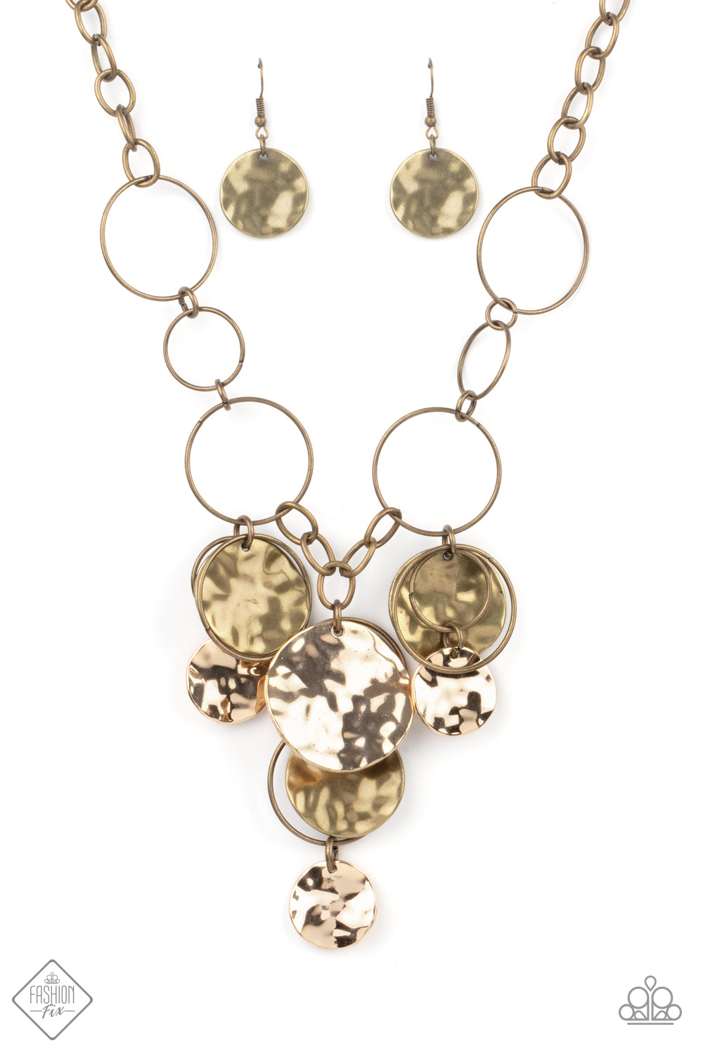 Learn the HARDWARE Way - Brass and Gold Fashion Necklace - Paparazzi Accessories - Antiqued brass hoops link with a section of chunky brass chain below the collar. Rustic brass hoops and hammered gold and brass discs cascade from the bottom of the mixed metallic display, creating a boisterous fringe fashion necklace. 