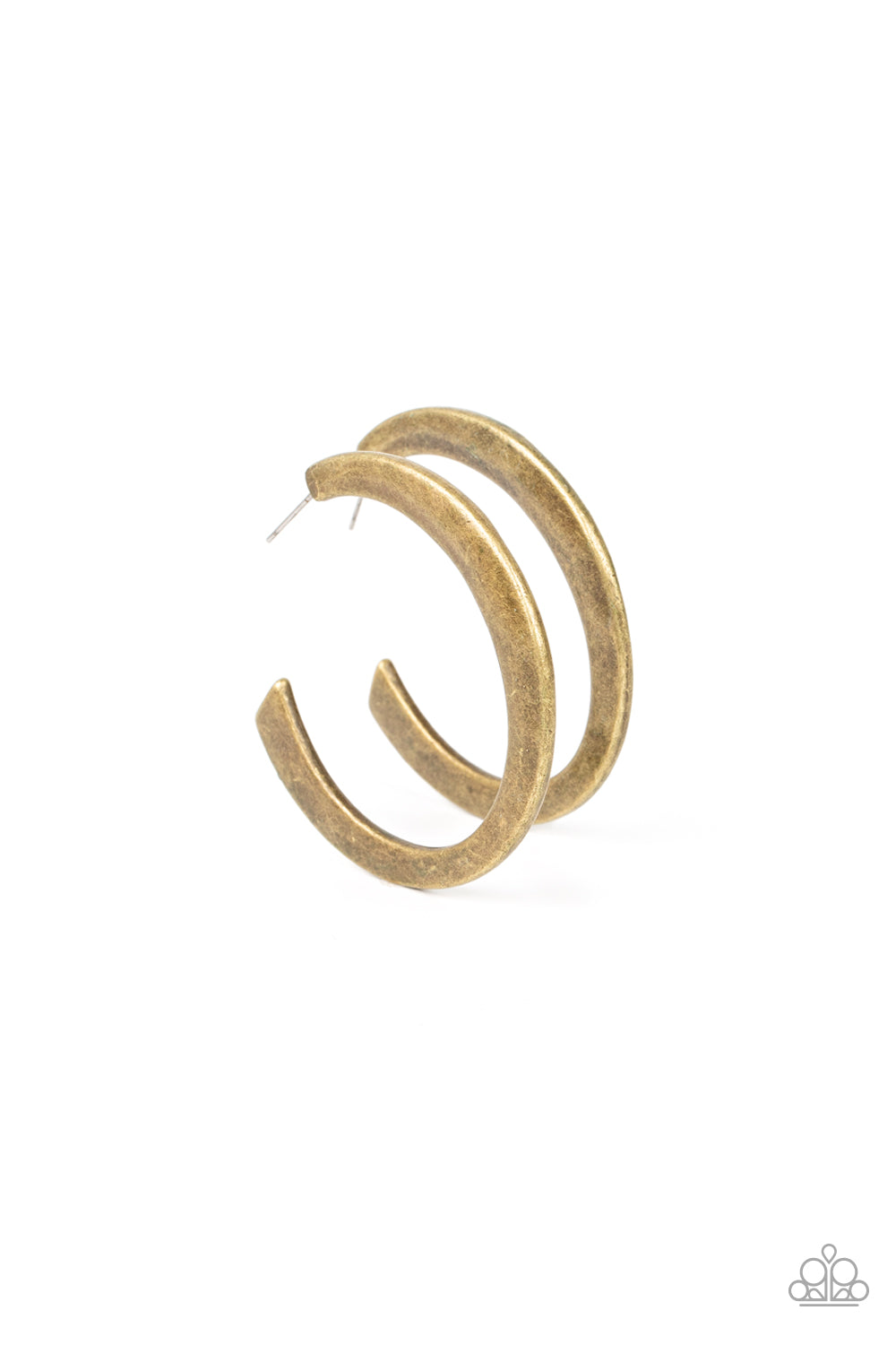 Learning Curve - Brass Hoop Earrings - Paparazzi Accessories - Hammered in a burnished finish, a flat brass bar curls into an asymmetrical hoop for a rustic flair. Earring attaches to a standard post fitting. Hoop measures approximately 1 3/4" in diameter. Sold as one pair of hoop earrings.