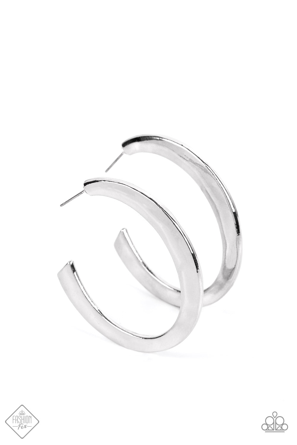 Learning Curve - Silver Hoop Fashion Earrings - Paparazzi Accessories - A thick, flat silver bar curls dramatically into a bold hoop. The surface of the hoop is hammered in subtle texture, adding a touch of handcrafted detail to the simple design. Earring attaches to a standard post fitting. Hoop measures approximately 1 3/4"" in diameter. Sold as one pair of hoop earrings.