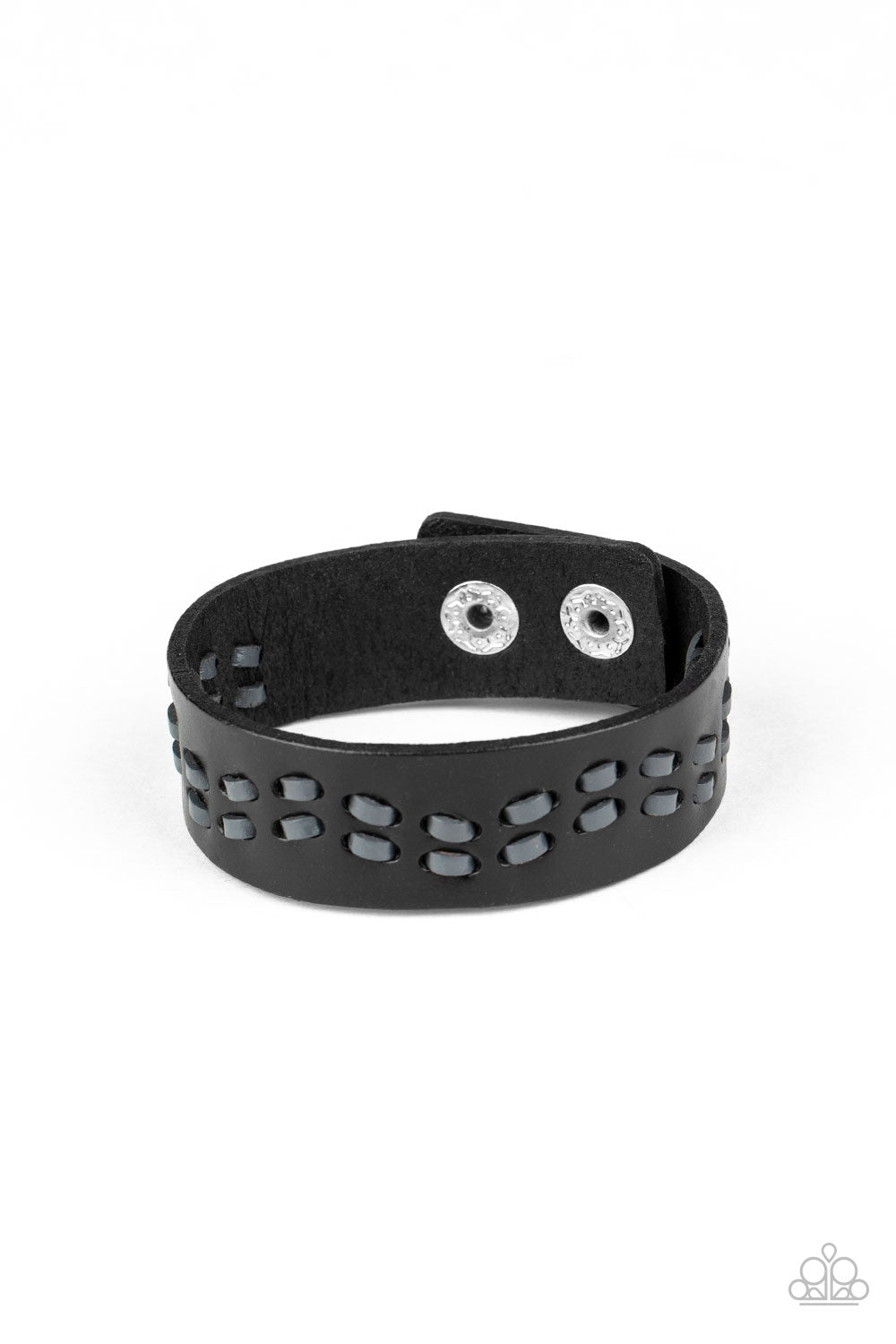 Leather Is My Favorite Color - Black Urban Bracelet - Paparazzi Accessories - Black leather cording is haphazardly laced through the center of a black leather band, creating a rustic look around the wrist. Features an adjustable snap closure. Sold as one individual bracelet.
