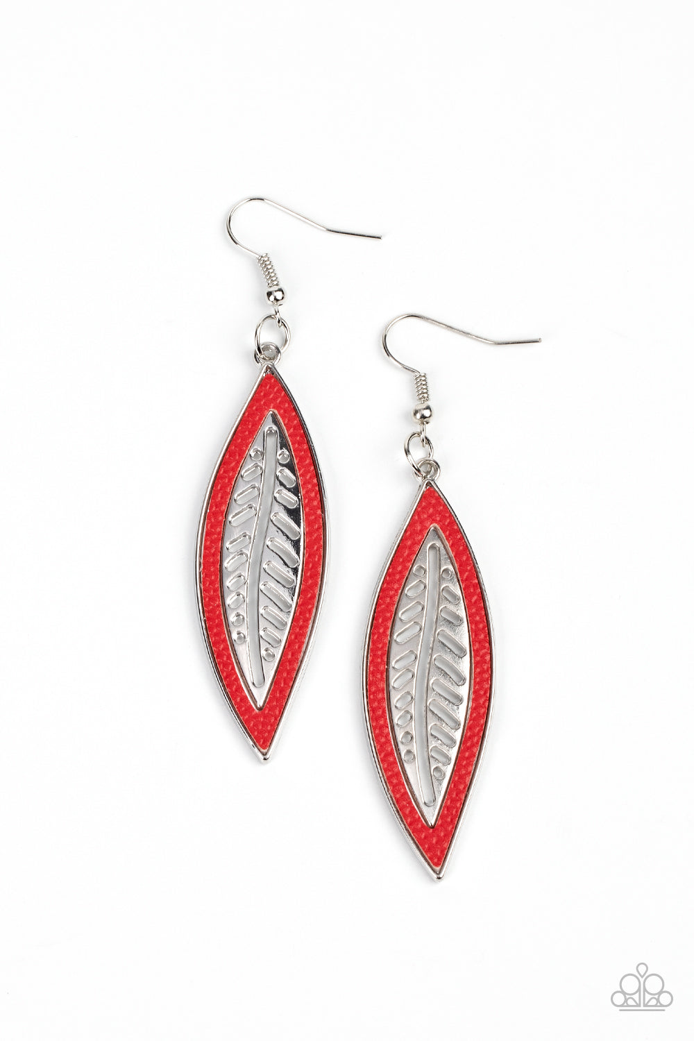 Leather Lagoon - Red Leather - Silver Leaf Earrings - Paparazzi Accessories - 
Bordered in a red leather trim, an airy silver leaf frame swings from the ear for a wildly seasonal fashion. Earring attaches to a standard fishhook fitting. Sold as one pair of earrings.
