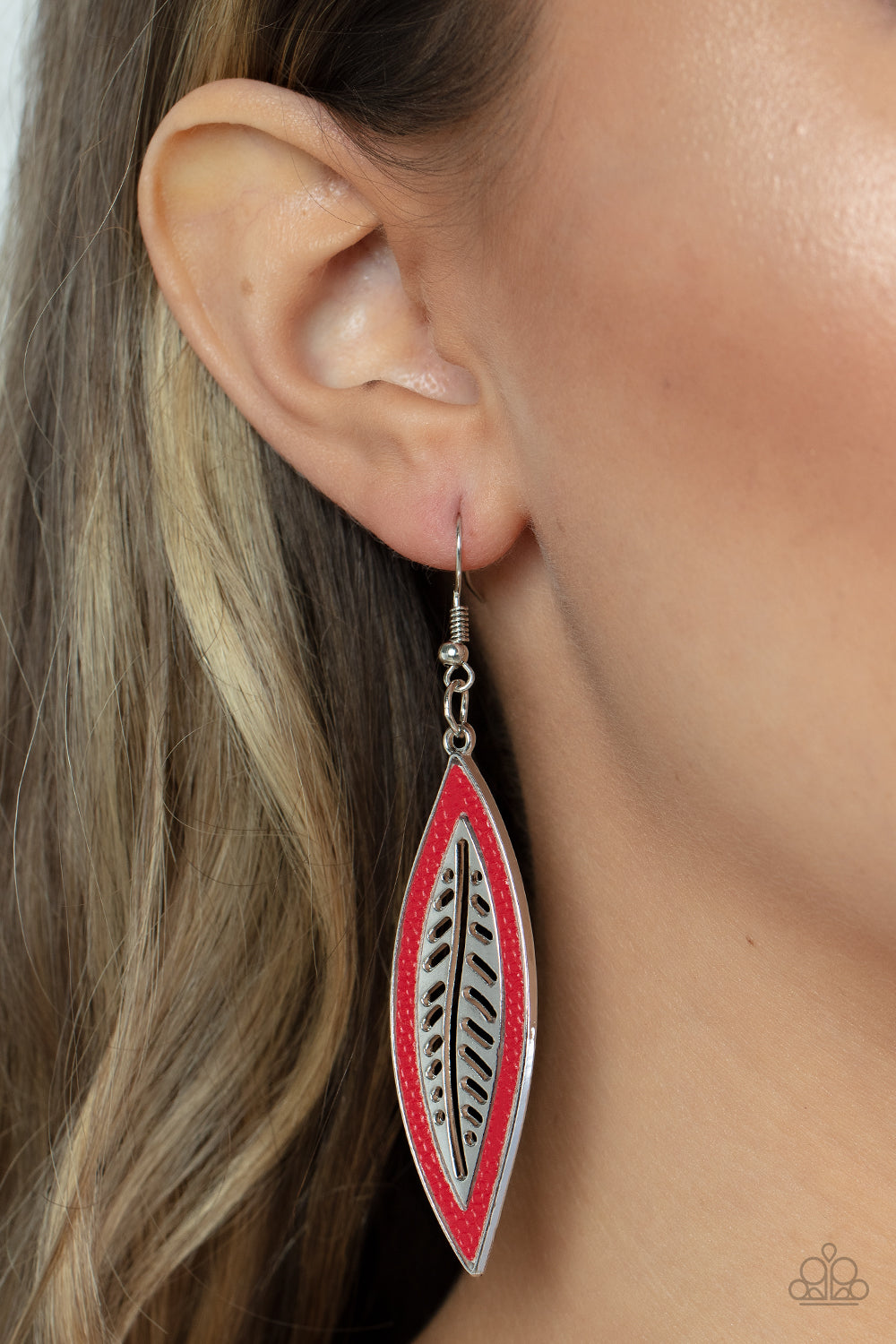 Leather Lagoon - Red Leather - Silver Leaf Earrings - Paparazzi Accessories - Bordered in a red leather trim, an airy silver leaf frame swings from the ear for a wildly seasonal fashion earrings. Earring attaches to a standard fishhook fitting. Sold as one pair of earrings.