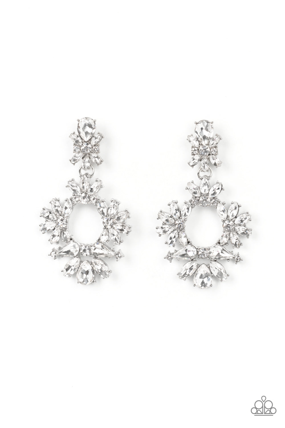 Leave them Speechless - White and Silver Dazzling Earrings - Paparazzi Accessories -  Ablaze with a mismatched assortment of brilliant white rhinestones, a stunning wreath swings from the bottom of a dainty white rhinestone fitting for a jaw-dropping dazzle earrings.