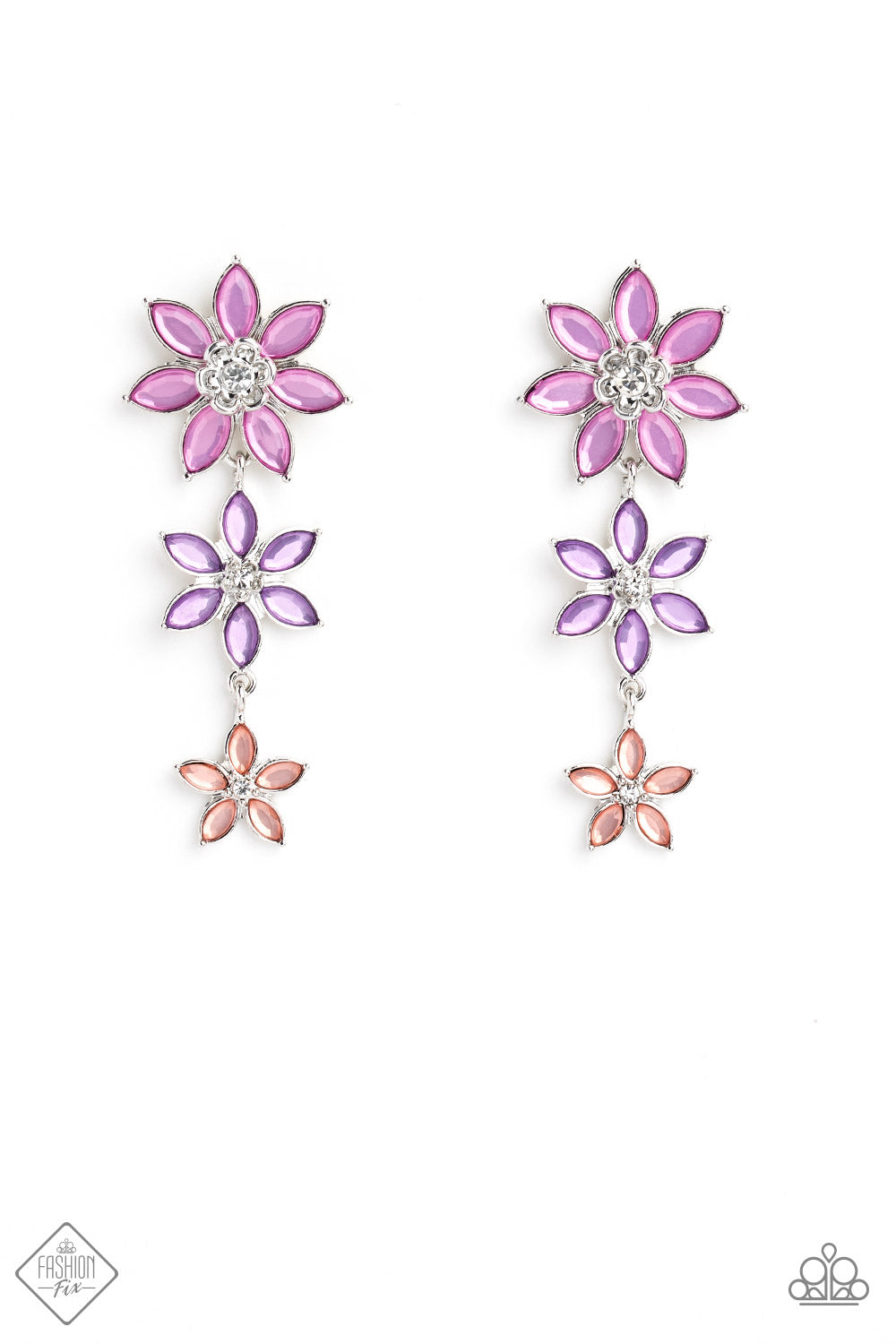 Lets Get it GARLAND - Multi Lavender Earrings - Paparazzi Accessories - Glassy marquise-cut petals in shades of orchid, lavender, and Peach Pink fan out around silver centers topped with sparkling white gems. The vibrant flowers gradually decrease in size as they fall from the ear, bringing whimsical movement to the colorful cascade.