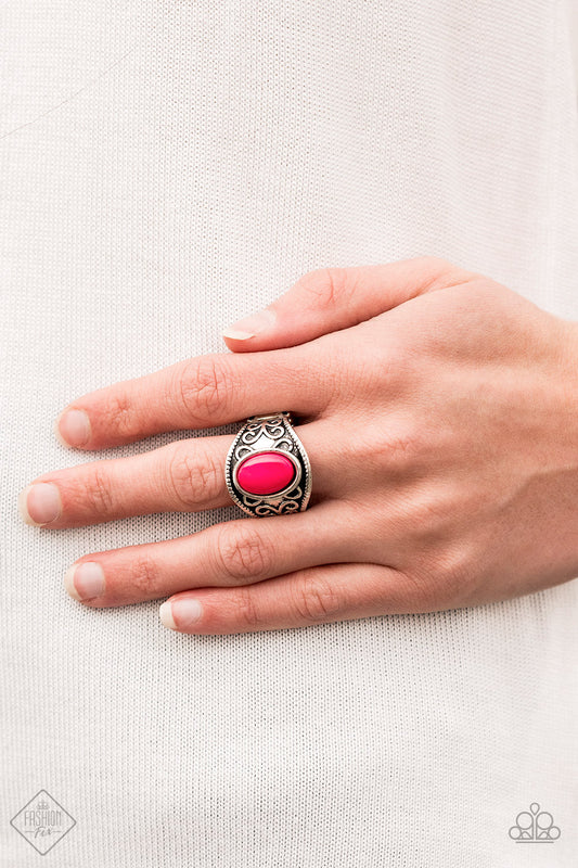 Lets Take It From The POP - Pink and Silver Ring - Paparazzi Accessories - A shiny pink bead is pressed into the center of a silver band embossed in vine-like filigree for a whimsical pop of color. Features a stretchy band for a flexible fit. Sold as one individual ring.