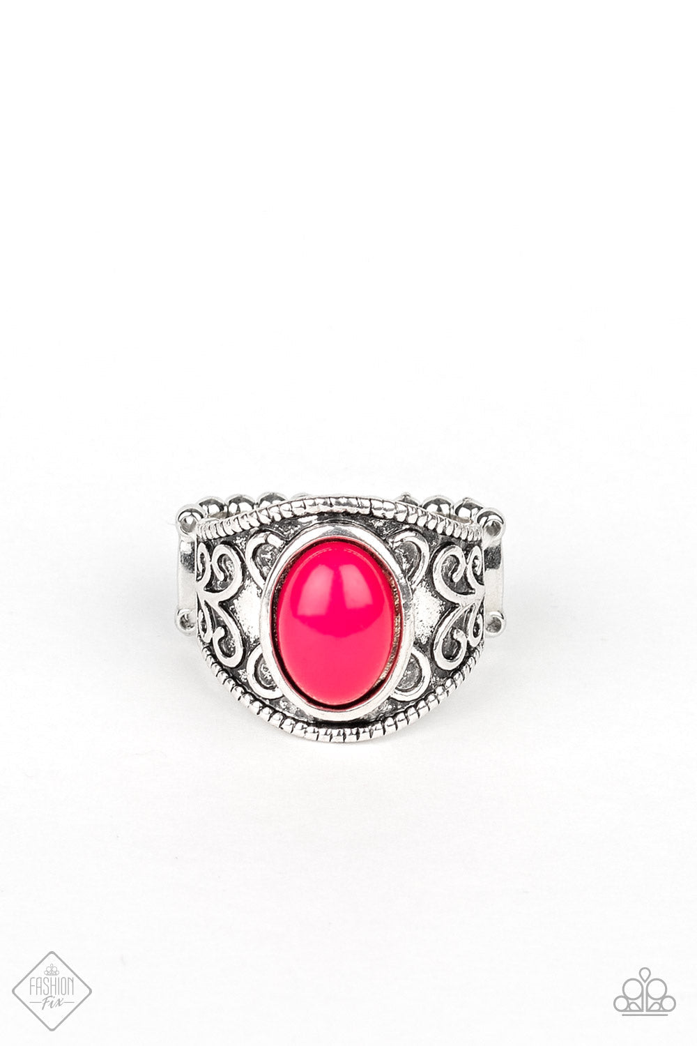 Lets Take It From The POP - Pink and Silver Ring - Paparazzi Accessories - A shiny pink bead is pressed into the center of a silver band embossed in vine-like filigree for a whimsical pop of color. Features a stretchy band for a flexible fit. Sold as one individual fashion ring. 