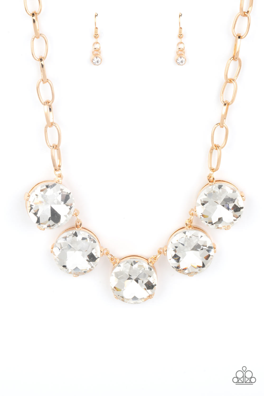 Limelight Luxury - Gold Necklace - Paparazzi Accessories - Five dramatically oversized white rhinestones connect across the collar and attach to an oversized gold chain creating a stunning spot-light loving statement piece.