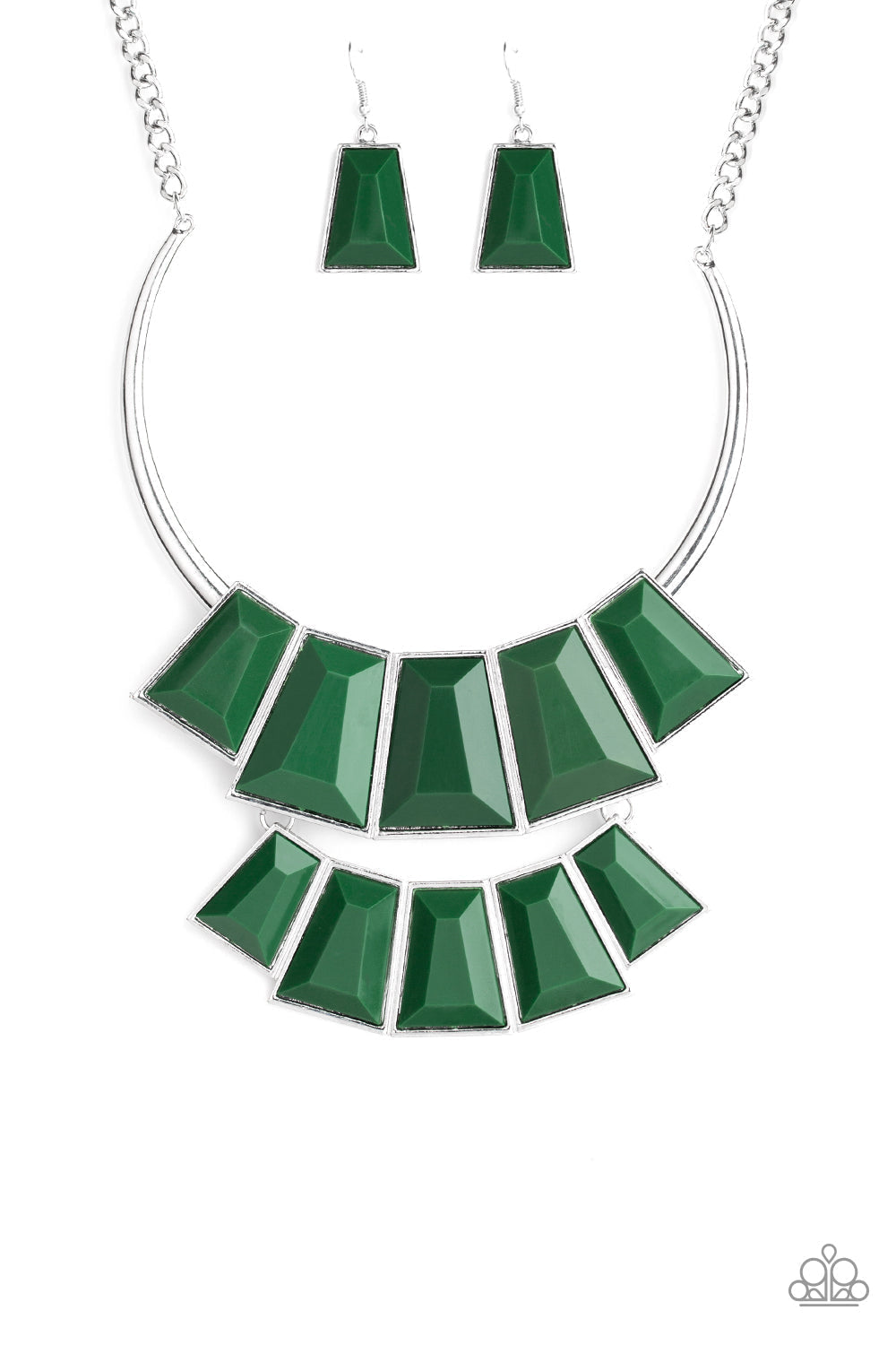 Lions, TIGRESS, and Bears - Green - Silver Necklace - Paparazzi Accessories - Tinted in the lush green hue of Eden, rows of faceted emerald-shaped beads link into colorful beaded plates. The uppermost frame slides along a bowing silver bar, adding playful movement to this fierce statement-making piece. Features an adjustable clasp closure.  Sold as one individual necklace. Bejeweled Accessories By Kristie
