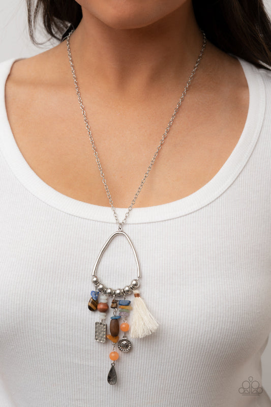 Listen to Your Soul - Multi Color Charm - Silver Necklace - Paparazzi Accessories - Multicolored collection of natural stone beads and pebbles, stacks of textured silver charms and mismatched wooden beads create earthy tassels at the bottom of a silver beaded teardrop frame. Enhanced with a shiny white threaded tassel, the whimsical fringe swings from the bottom of an extended silver chain.