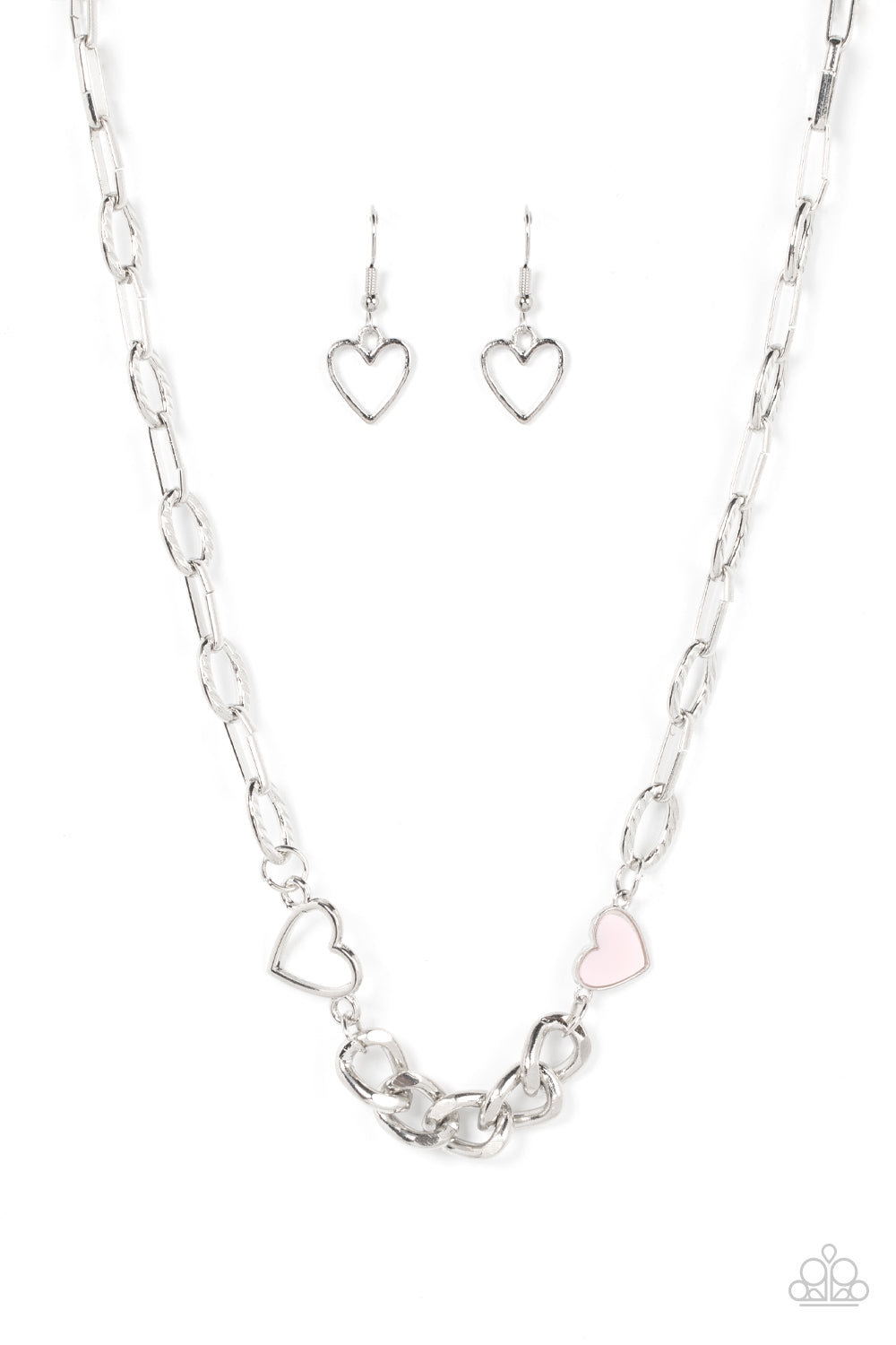Little Charmer - Pink Heart and Silver Necklace - Paparazzi Accessories - Shiny silver and Pale Rosette hearts asymmetrically adorn sections of mismatched silver chain, resulting in a flirtatious pop of color below the collar. Features an adjustable clasp closure.
