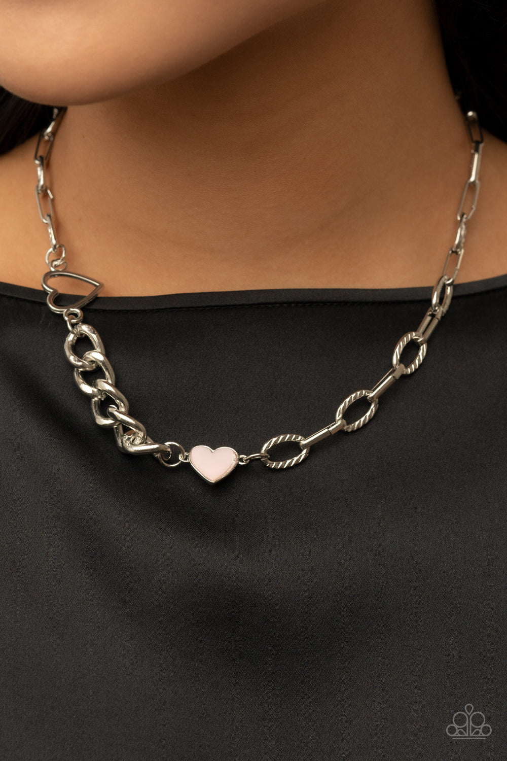 Little Charmer - Pink Heart and Silver Necklace - Paparazzi Accessories - Shiny silver and Pale Rosette hearts asymmetrically adorn sections of mismatched silver chain, resulting in a flirtatious pop of color below the collar.