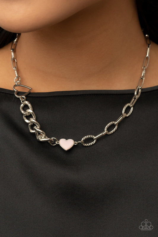 Little Charmer - Pink Heart and Silver Necklace - Paparazzi Accessories - Shiny silver and Pale Rosette hearts asymmetrically adorn sections of mismatched silver chain, resulting in a flirtatious pop of color below the collar.