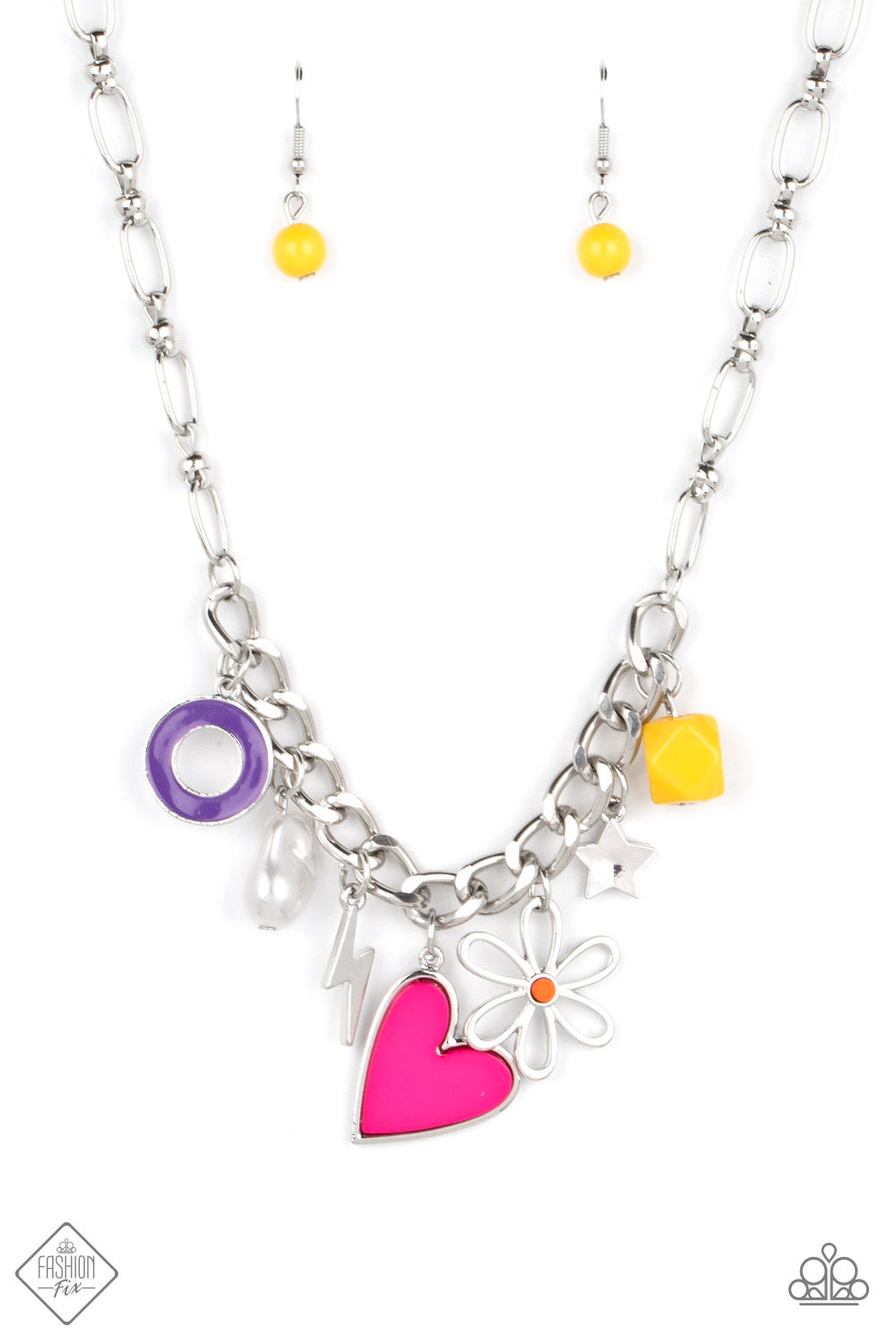 Living in CHARM-ony - Multi Color Charms Necklace - Paparazzi Accessories - Elongated silver chain links, separated by tiny silver beads, lead down the neckline to a section of thick, flat, silver curb chain. A collection of whimsical charms gather along the thicker chain, including a lightning bolt, a star, a purple ring, a silhouette of a flower, a vibrant yellow bead, a pink heart, and a polished white baroque pearl.